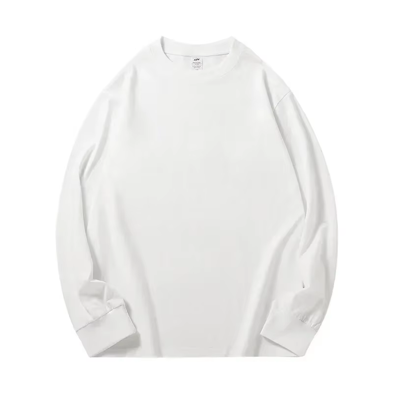T-shirt à manches longues en pur coton robuste, 300g, haut blanc en peluche, couche de Base épaisse 