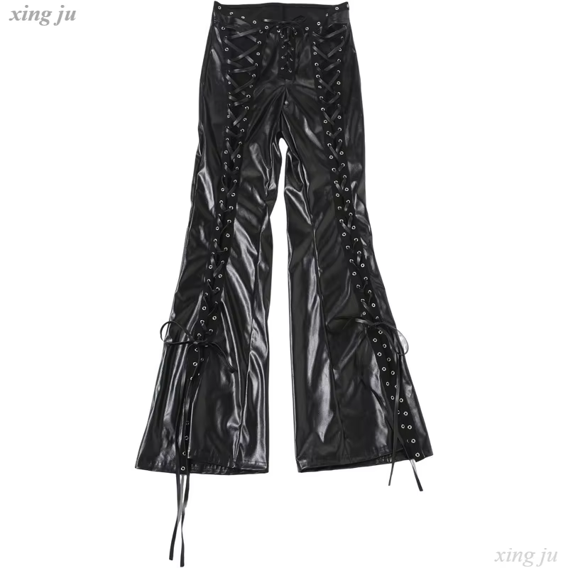 Kpop chanteur noir Sexy évider pantalon à lacets en cuir PU pantalon Concert scène Performance vêtem
