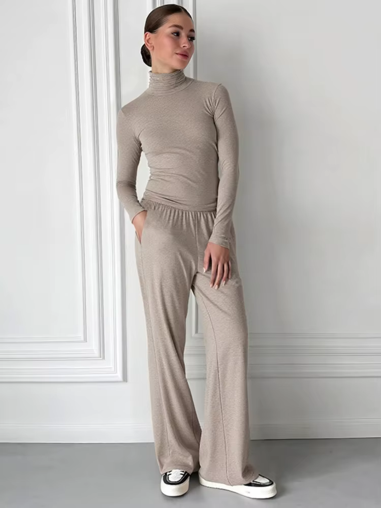 Col roulé haut court pantalon droit Ensemble couleur unie Ensemble Femme 2 Pièces décontracté Conjun