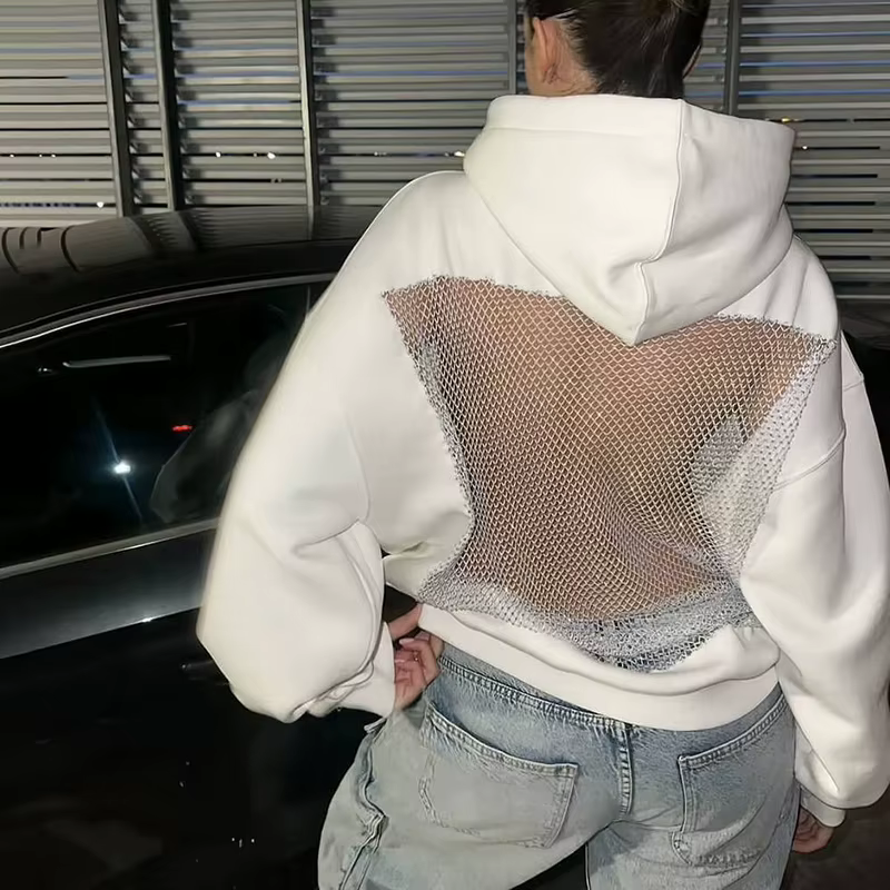 Sweat à capuche en maille pour femmes, dos nu, vêtements d'extérieur surdimensionnés, hauts Sexy, Lo