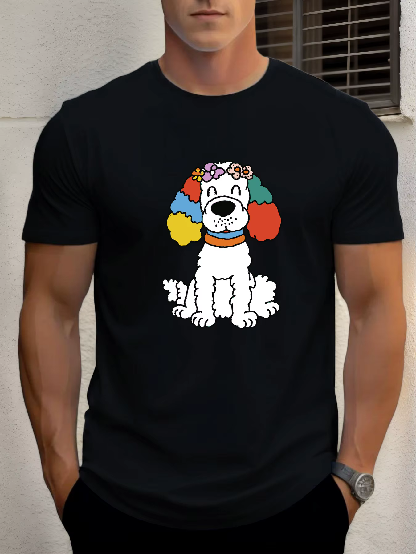 T-shirt pour hommes couleur oreilles chiot 100 % coton impression graphique été col rond t-shirt déc