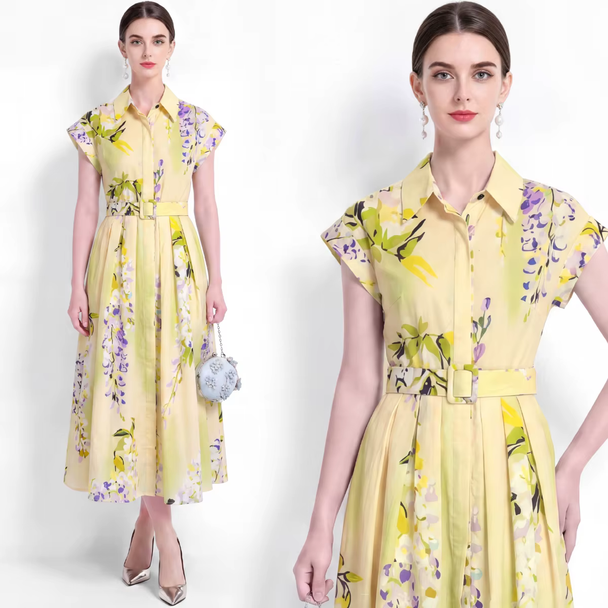 Robe chemise florale pour femme, manches courtes, col à revers, taille haute, ceinturée, coupe trapè