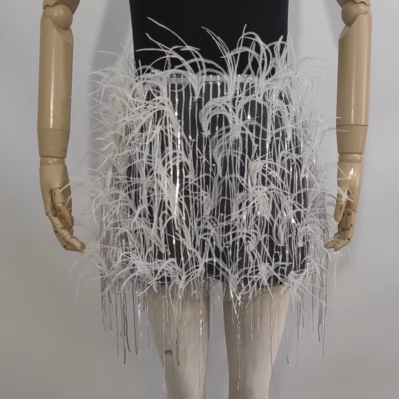 Mini jupe transparente en vraie plume, envelopper la poitrine, deux façons de porter, vêtements à ta