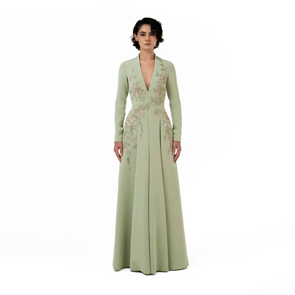 Robe de soirée vert sauge personnalisée, col en V profond, manches longues, pour femme, 2026, plissé