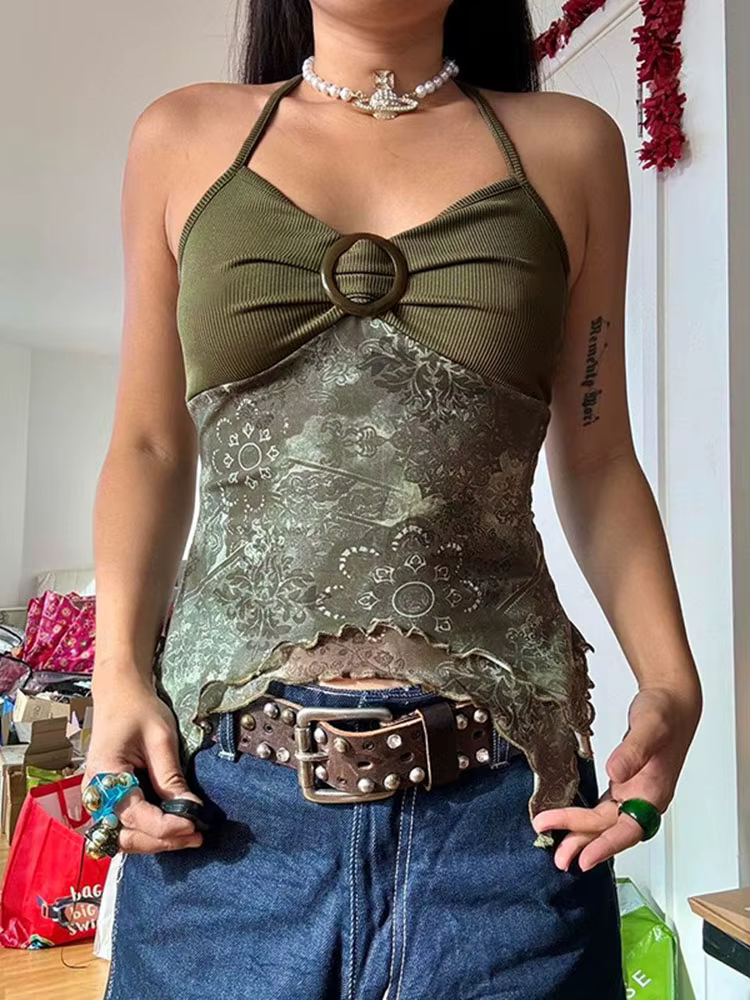 Women Summer Vacation Clothing Y2K Camisole Backless Halter Tie Asymmetrical Tops Retro Forest Green