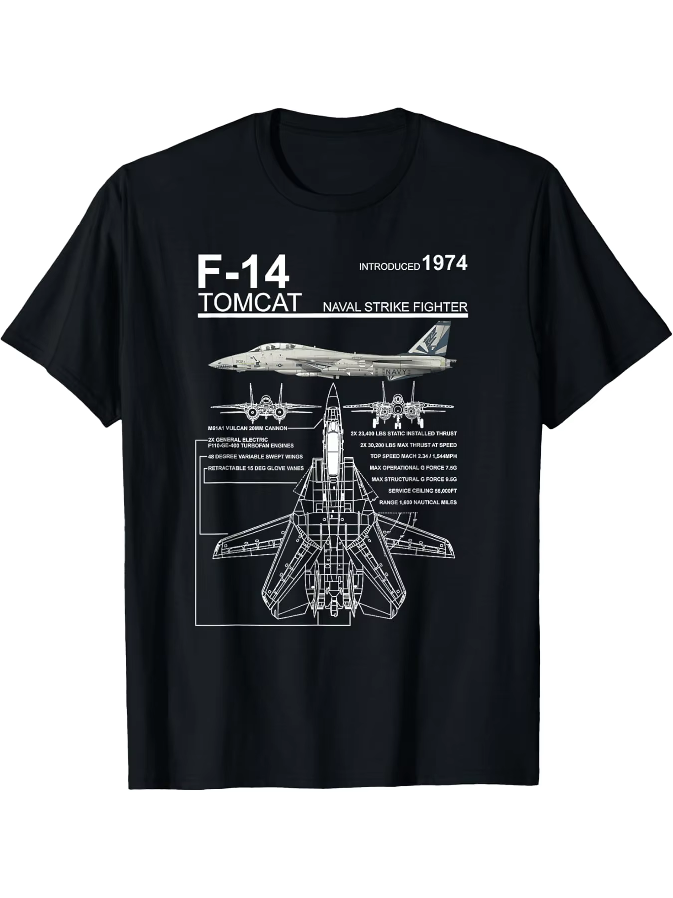 T-shirt avec motif graphique d'avion de chasse F-14 Tomcat Navy, sélection de motifs amusants et ric