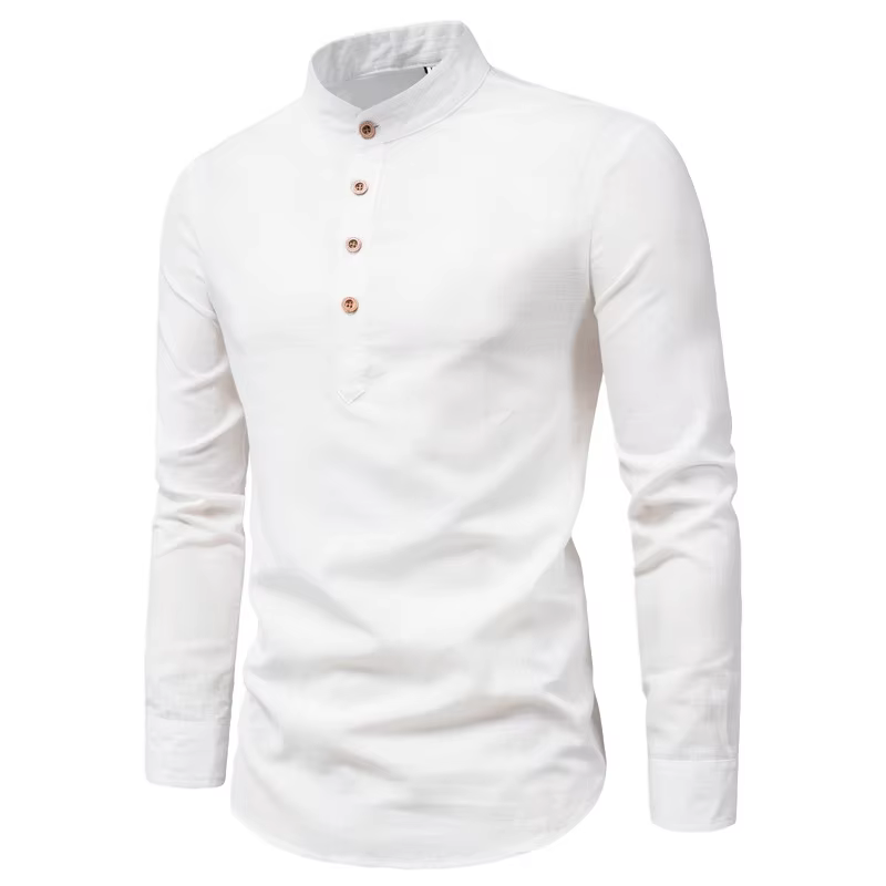 Chemises à manches longues pour hommes, en coton et lin, couleur unie, col montant, décontracté, Sty