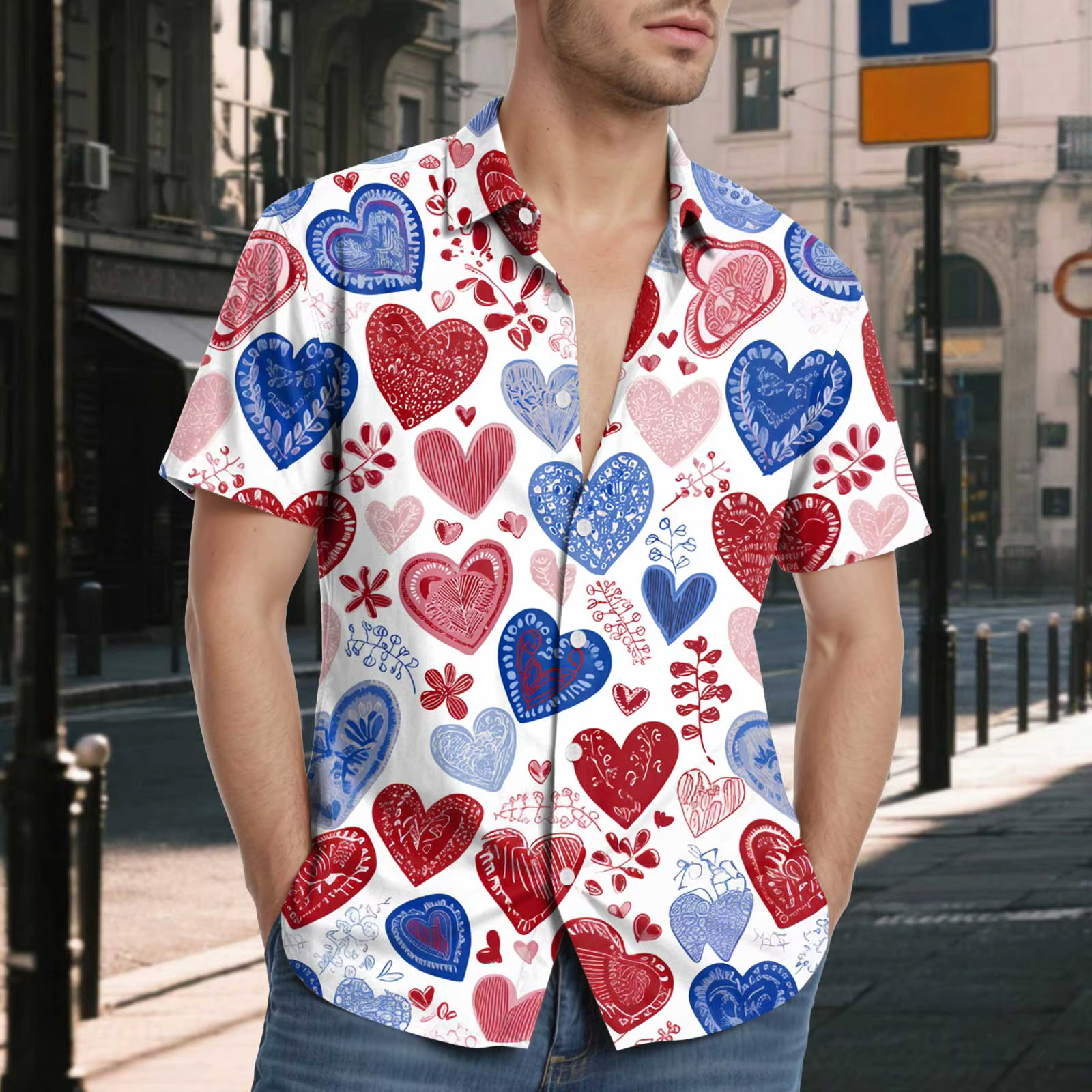 Chemise homme Saint Valentin Coeur Imprimé Manches Courtes Chemise Décontractée Respirant Lâche Jeun