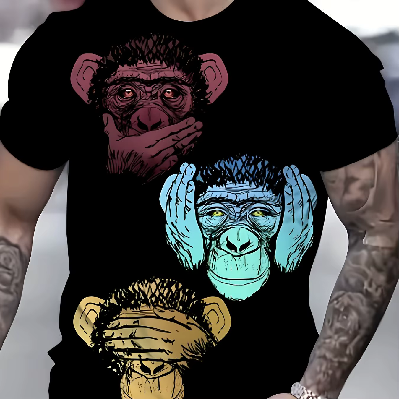 T-shirt imprimé coloré Three Wise Monkeys pour hommes, décontracté, col rond, manches courtes, motif