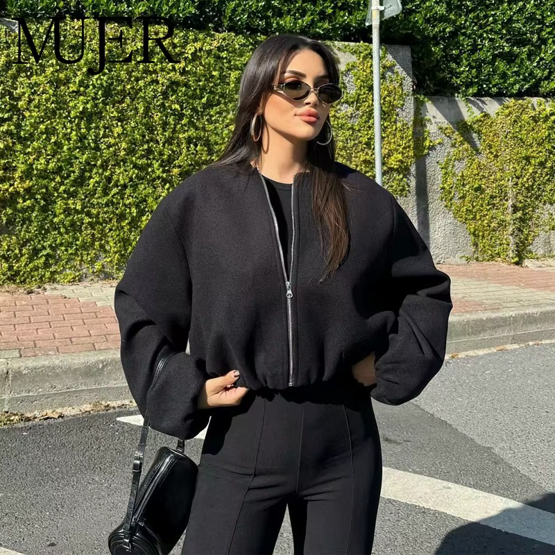 MUJER noir Bomber vestes pour femmes fermeture éclair varsity vestes femmes doux recadrée vestes fem