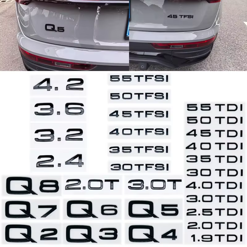 Autocollant de logo de coffre de voiture 3D pour Audi Q2 Q3 Q4 Q5 Q6 Q7 Q8 Modèles 1.9 2.0 2.5 3.0 4