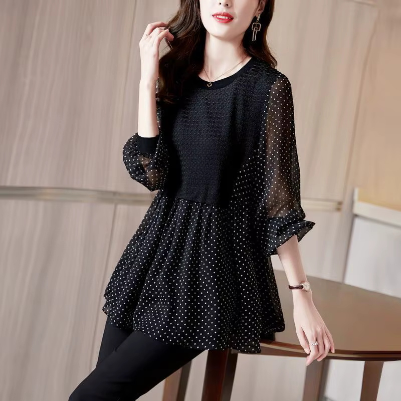 Chemise mi-longue à col rond pour femme, chemisier imprimé fleurs cassées, manches longues, patchwor