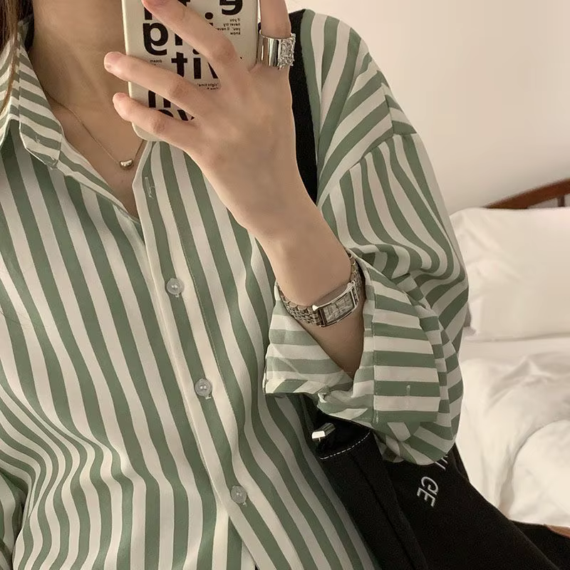 Chemise à rayures vertes minimalistes pour femmes, chemisier en mousseline de soie, haut à manches l