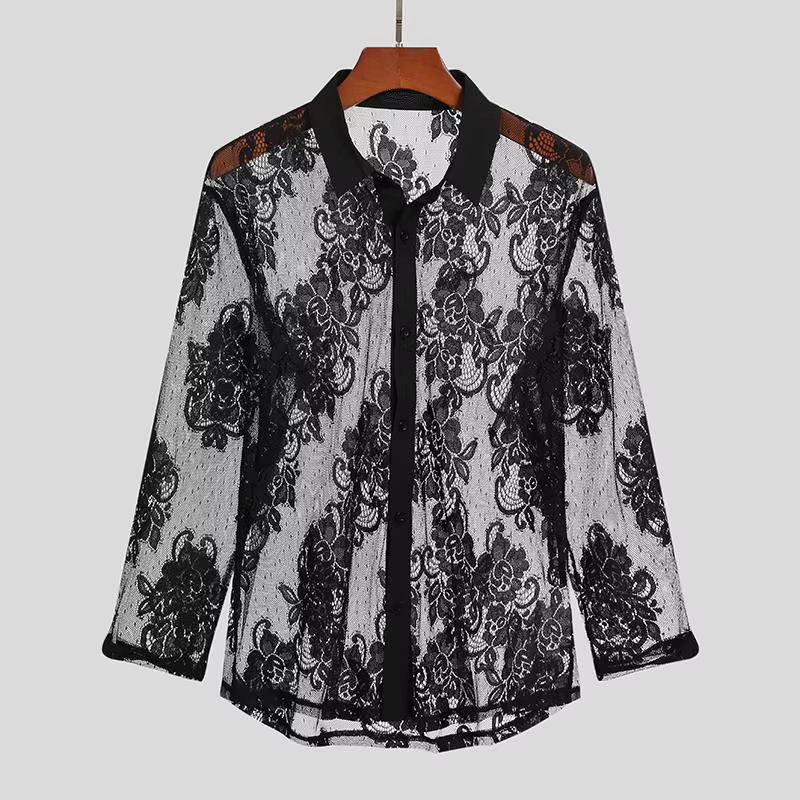 Chemise pour homme en dentelle florale transparente à manches longues, style décontracté pour les fê