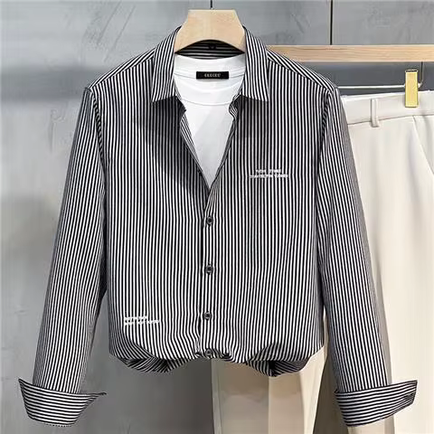 Chemisier rayé à manches longues et col rabattu pour hommes, bouton coréen adt, chemises tendance as