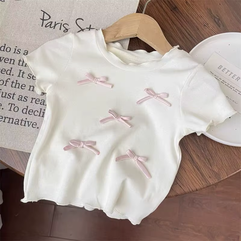 Ensembles de vêtements pour enfants, haut à manches courtes avec nœud + pantalon à jambes larges à c