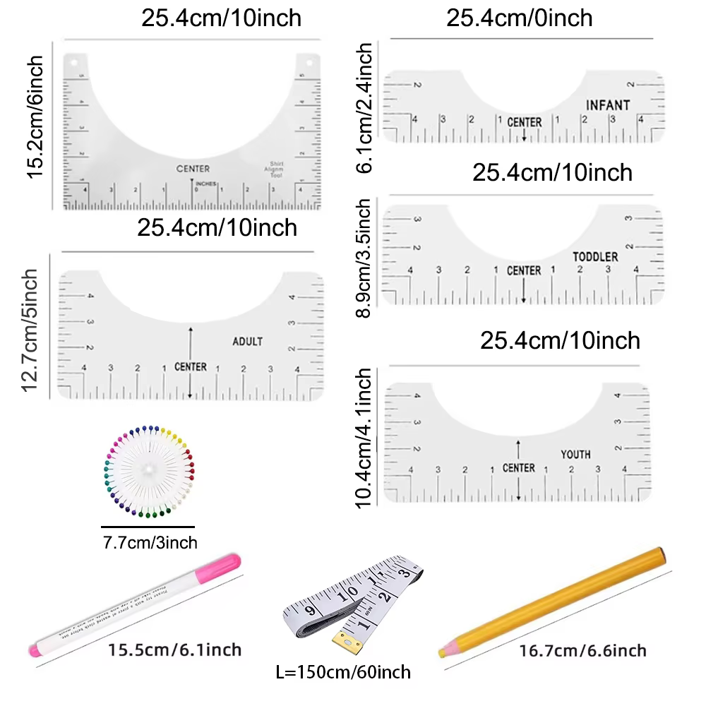 Lot de 5/9 pièces : Règle de positionnement pour t-shirts, outil de mesure pour la mise en place des