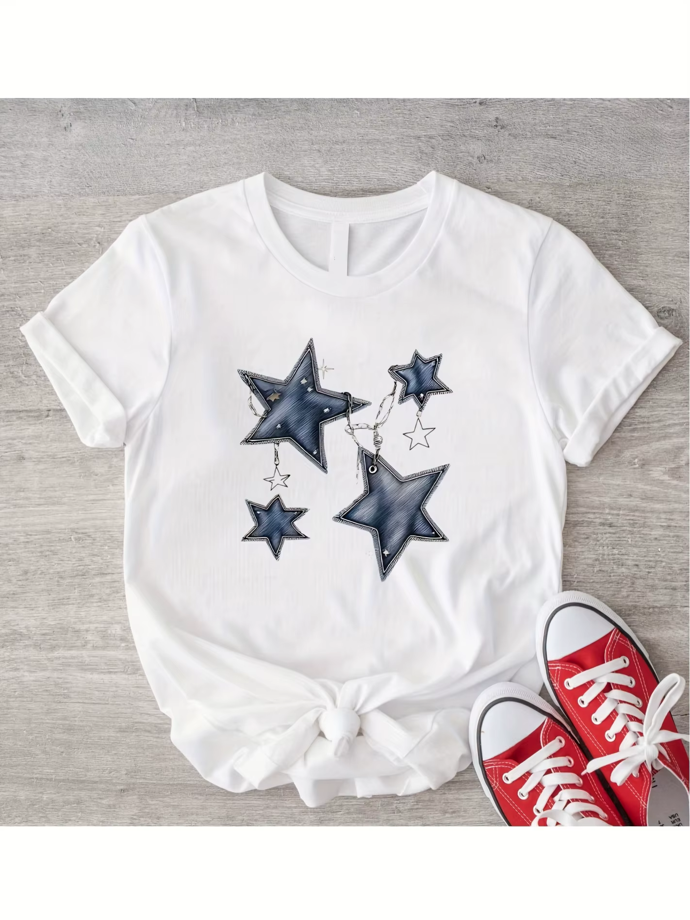 T-Shirt manches courtes femme, décontracté, imprimé étoile, blanc avec étoile bleue, Design géométri