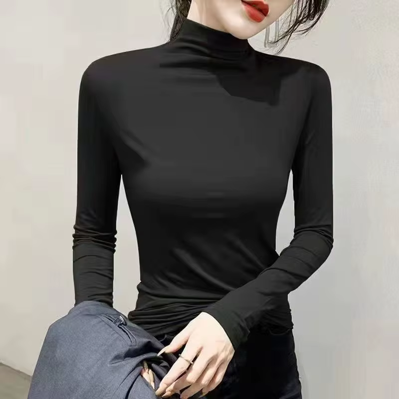 T-shirt noir à col roulé et manches longues pour femme, vêtement Y2k, mode coréenne, Modal, élégant,
