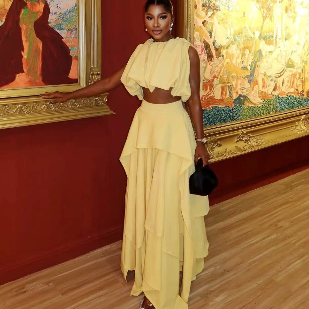 Ensemble deux pièces jaune pour femme, robes longues asymétriques à col rond, tenue de soirée, colle