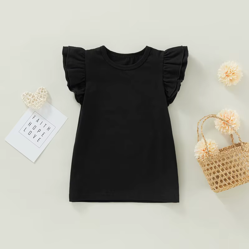 T-Shirt à Manches Volantes en Coton pour Bébé Fille, Couleur Unie, Noir, Blanc, Rose, Rouge, Été