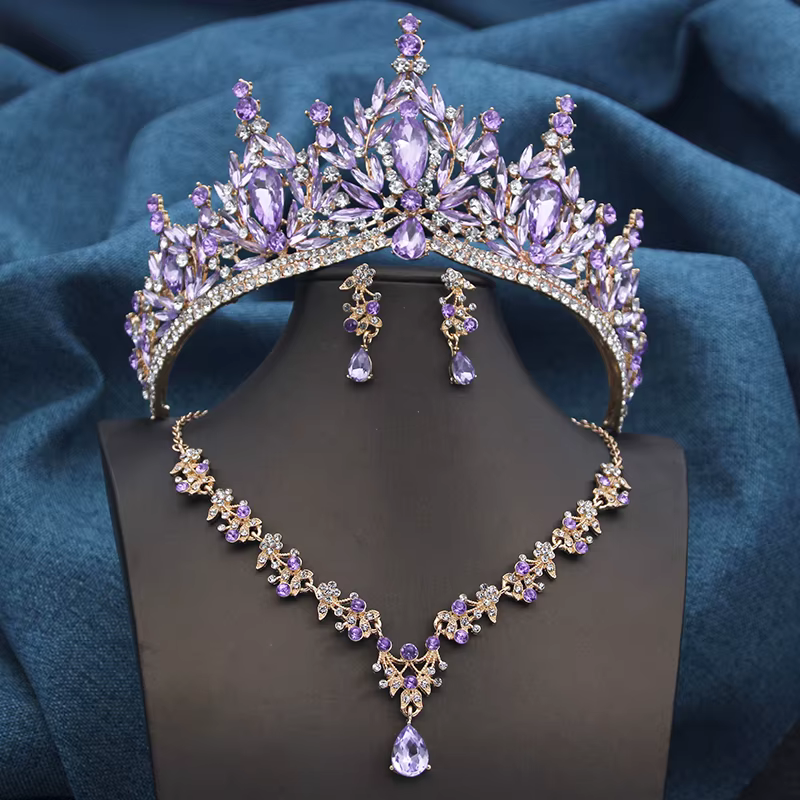 Diadèmes de mariage de luxe, ensembles de bijoux de mariée pour femmes, 3 pièces, collier, boucles d