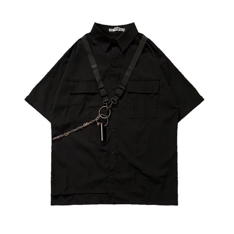 FlaNS Techwear-Chemise à Manches Courtes pour Homme, Vêtements Gothiques, Punk Rave, Ensemble Pantal