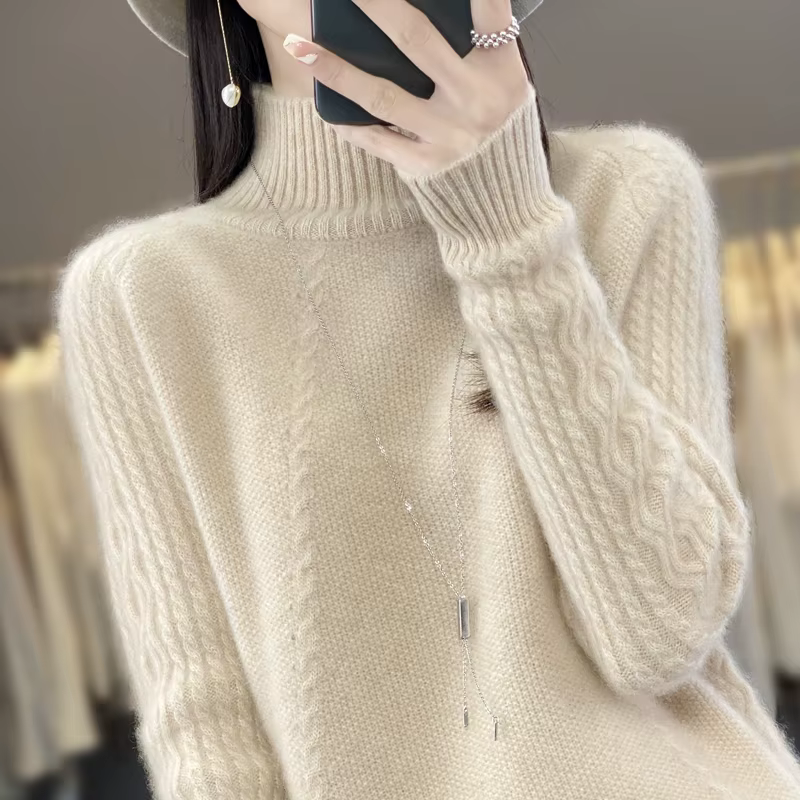 Pull à col roulé en laine mérinos pour femme, pull en tricot monochrome, nouveau, automne, hiver, 10