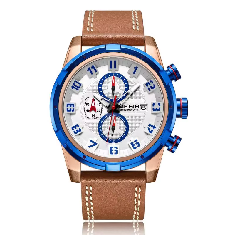 Montre-bracelet homme MEGIR 2082 créative, chronographe sport, quartz, cuir, calendrier, étanche, Re