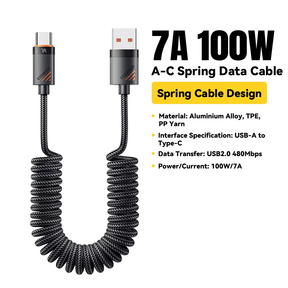 Essager câble de Type C à ressort de voiture pour iPhone 17 16 15 Pro Xiaomi Samsung 100W PD charge 
