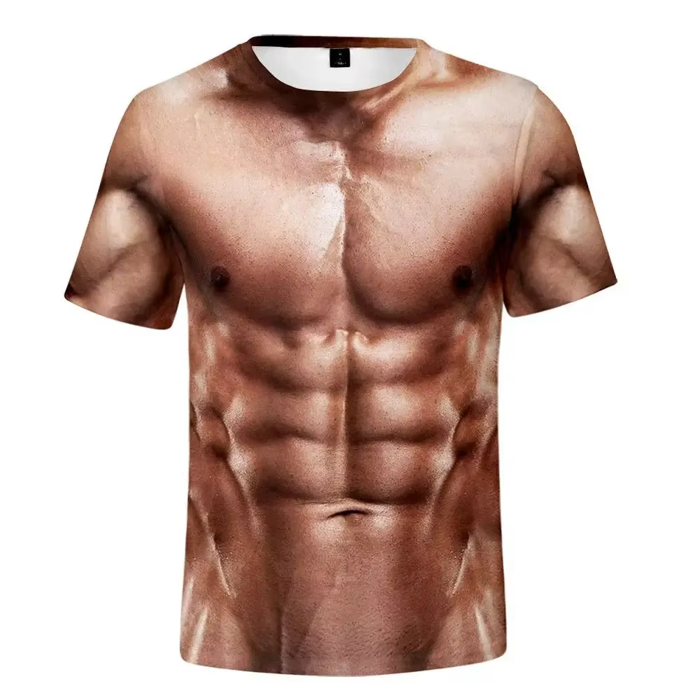 T-shirt pour hommes européens et américains, T-shirt amusant à imprimé 3D avec effet de muscles, hau