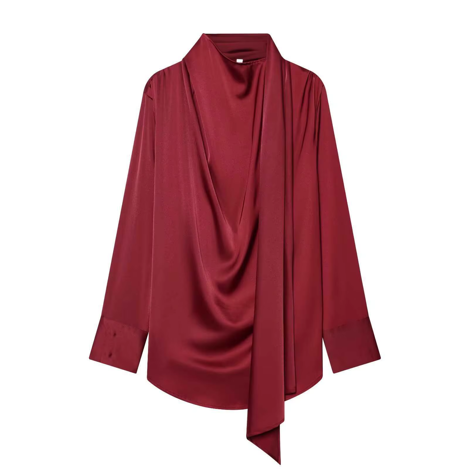 Chemise décontractée unie tendance pour femme avec ceinture, rouge, blanc, bordeaux, manches longues