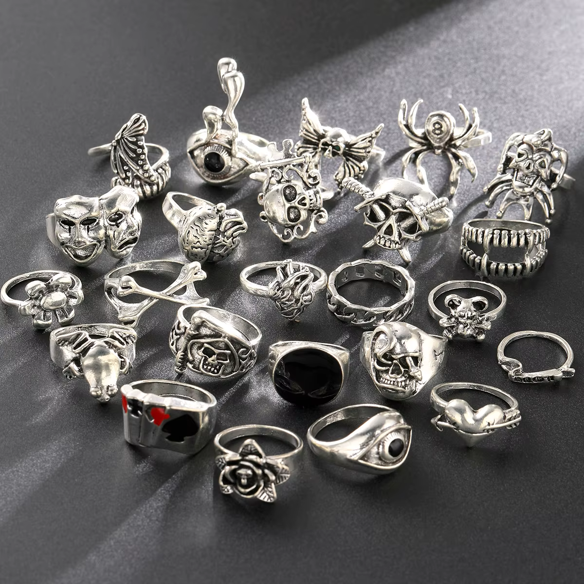 24 pièces gothique squelette unisexe ensemble de bagues Punk Grunge papillon grenouille femme homme 