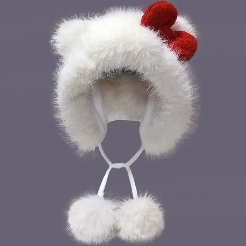 Joli bonnet Hello Kitty avec nœud, protection des oreilles pour l'hiver, chapeau tricoté confortable