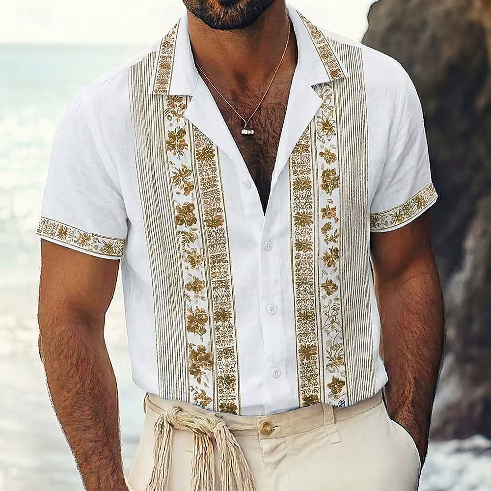 Chemise Guayabera ethnique pour homme à motifs floraux complexes, manches courtes, col cubain, impri