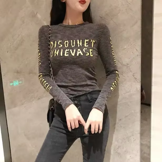 T-shirt Slim à Manches sulfpour Femme, Impression de Lettres, Gris, Vintage des Années 90, Mode Japo