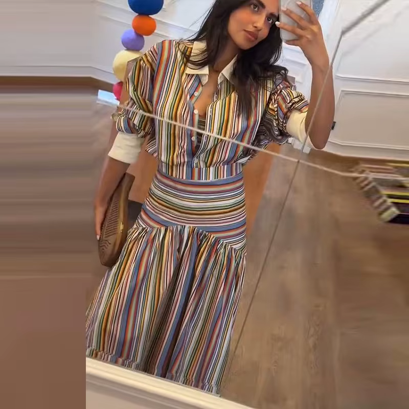 Ensemble 2 pièces chemise rayée colorée et jupe longue plissée à revers simple boutonnage manches lo