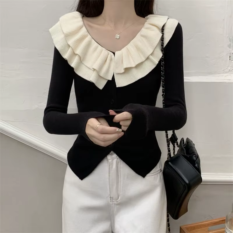 Cardigan en tricot français pour femmes, garniture élégante à volants, coupe cintrée, hauts d'automn