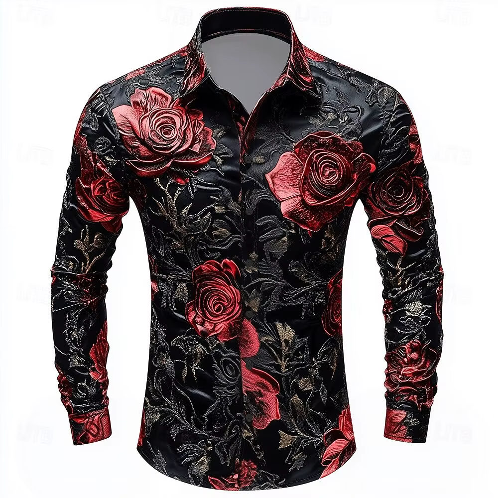 Chemise hawaïenne Rose rouge chemise imprimée chemise de mode homme chemise à manches longues chemis