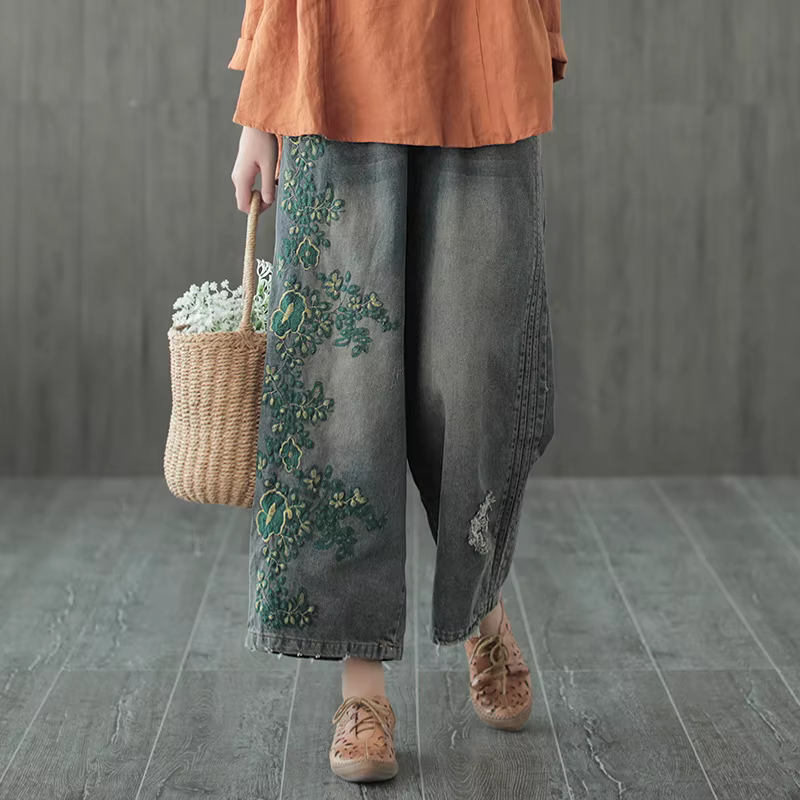 Jean Vintage en Denim avec Broderie Florale pour Femme, Pantalon Droit de Bonne Qualité, Style Japon