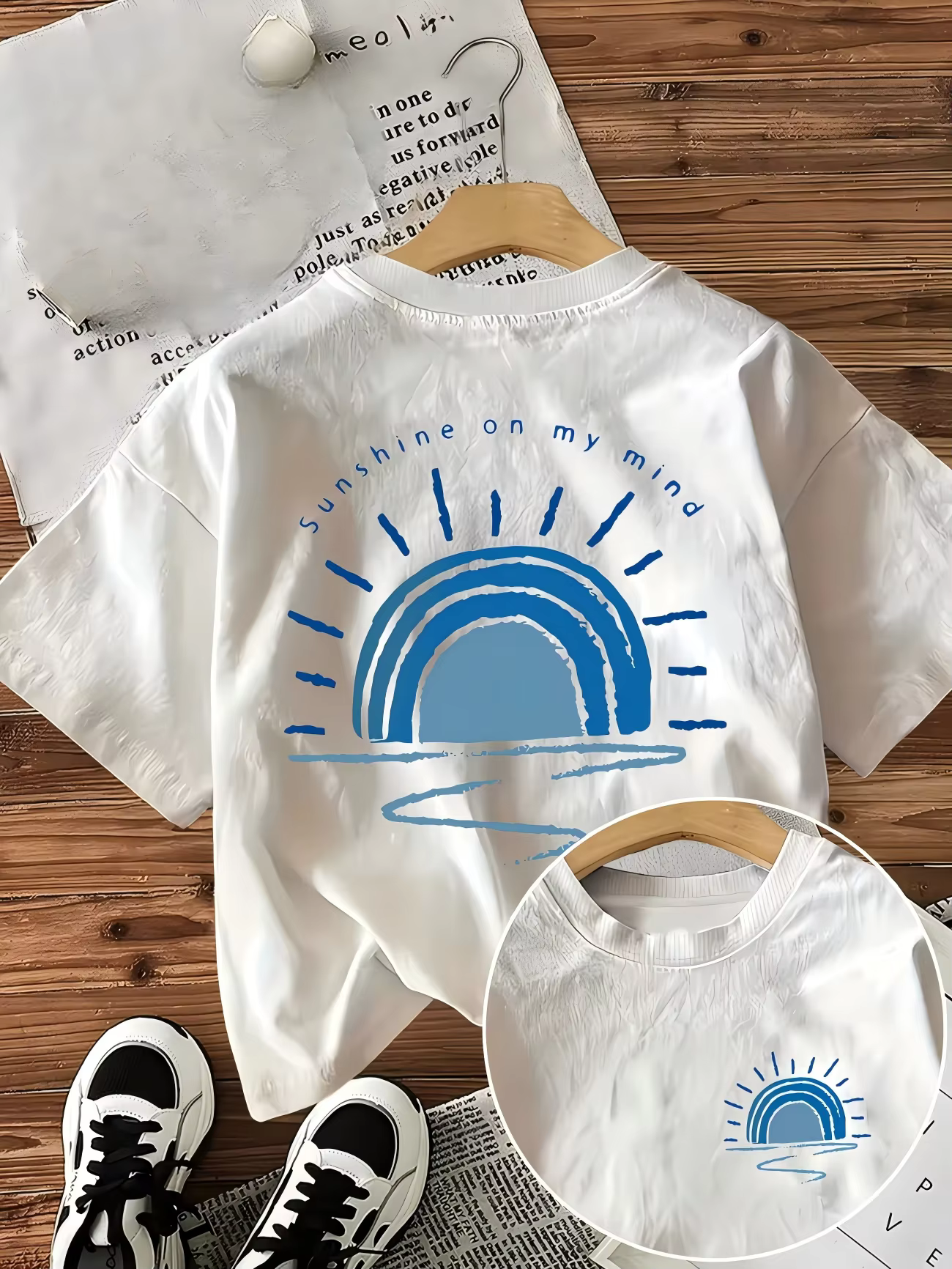 T-shirt Femme Décontracté à Manches Courtes Blanc avec Imprimé Lettres « Sunshine On My Mind » et Mo