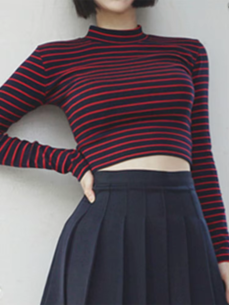 Bustier court à rayures classiques pour femmes, haut court chic, col roulé, t-shirt à manches longue