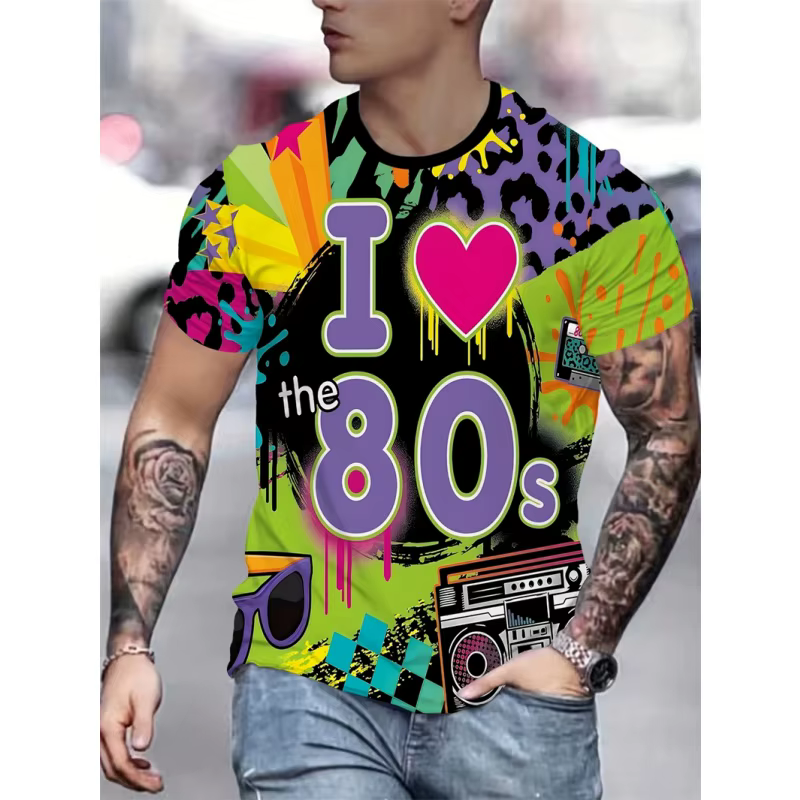 T-shirt manches courtes col rond pour hommes, rétro des années 80, imprimé en 3D, graphique coloré a