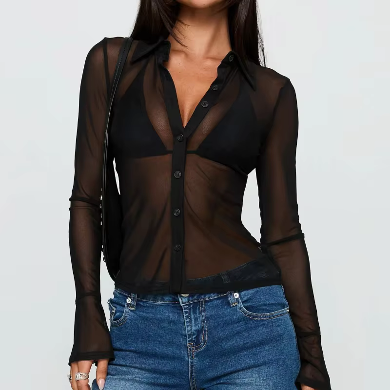Chemises boutonnées transparentes pour femmes, chemisier à manches longues en maille transparente, c