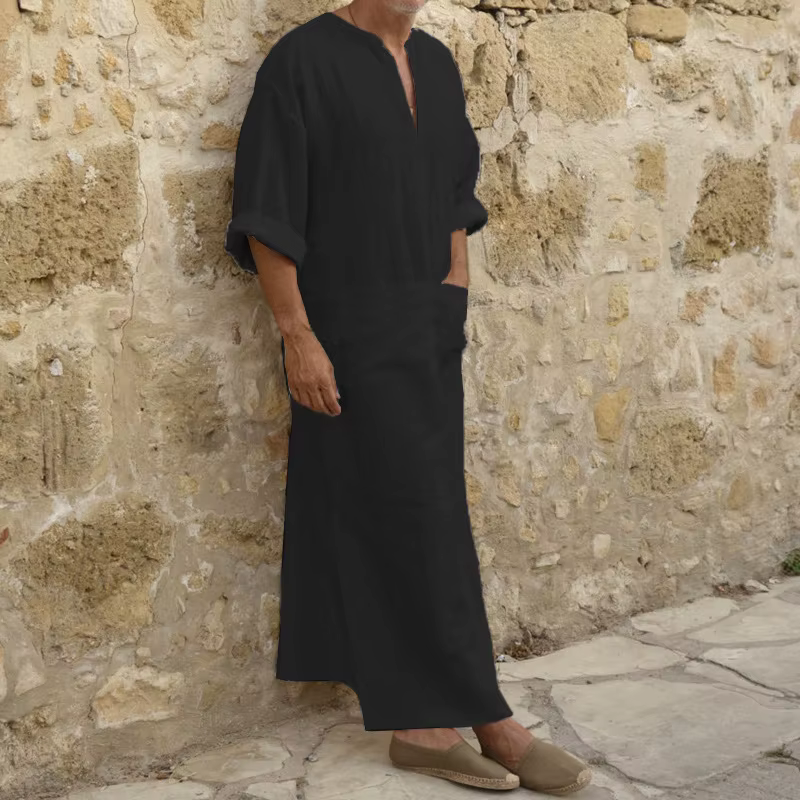 Grande taille hommes couleur unie Robe musulmane rétro arabe islamique Robe longue décontracté coton