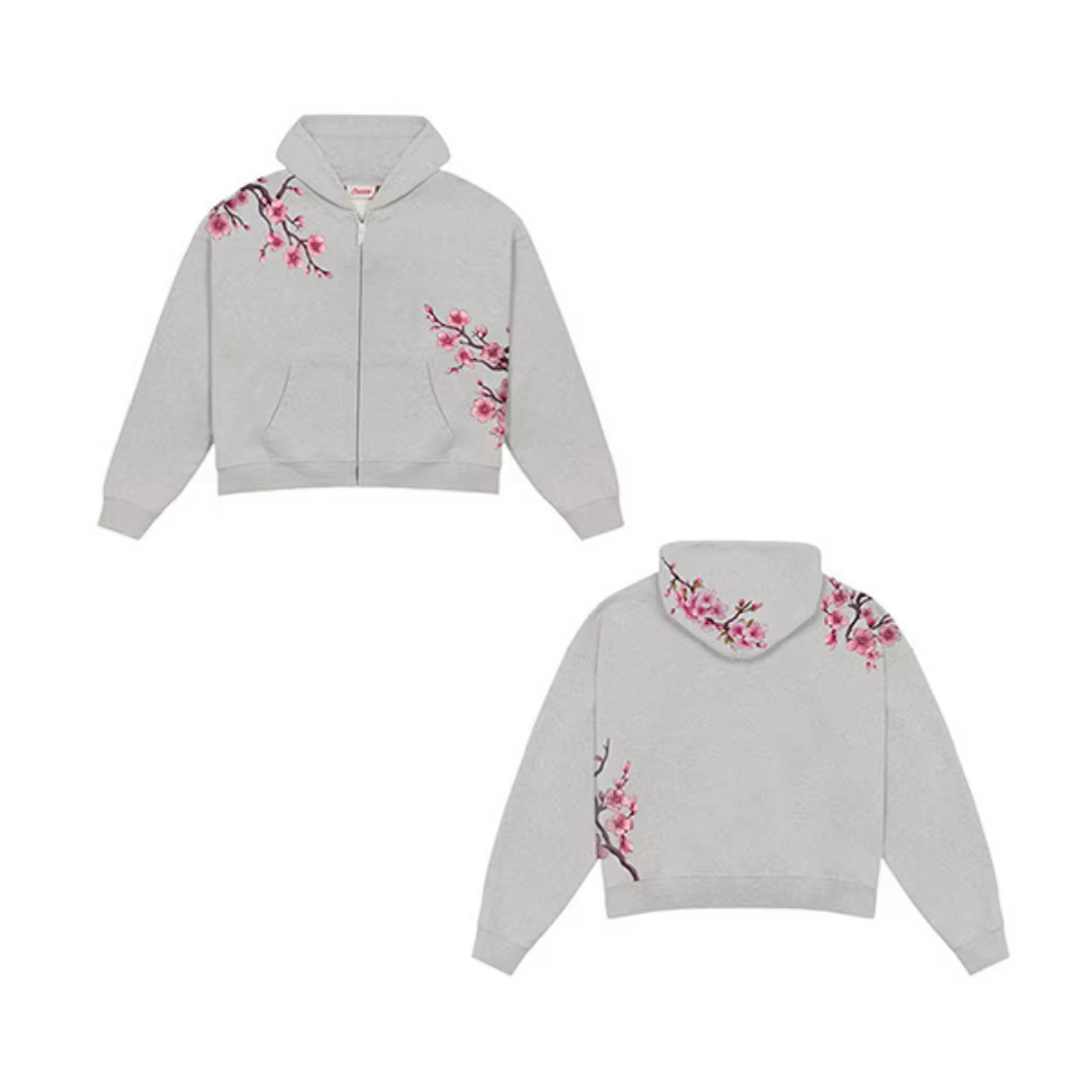 Sakura Bloom – sweat à capuche brodé pour femmes, coupe ample, fermeture éclair, manteau avec esthét