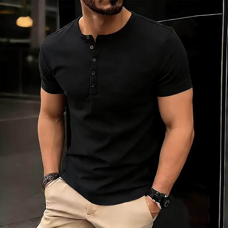 T-shirt à manches courtes pour homme, col Henley, couleur unie, coupe ajustée, col boutonné, décontr