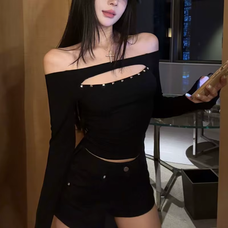 T-shirt à manches longues ajouré pour femmes, épaules dénudées, haut court, Sexy, ajusté, chemise de