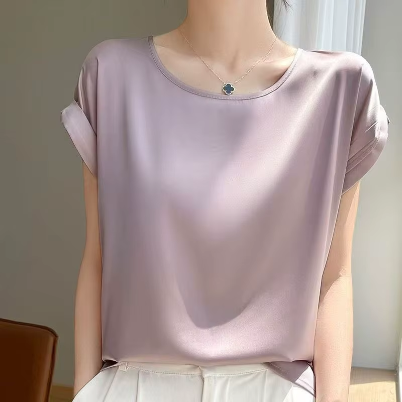 T-shirt en satin d'été pour femme, élégant, à manches courtes, col rond, coupe ample, couleur unie, 