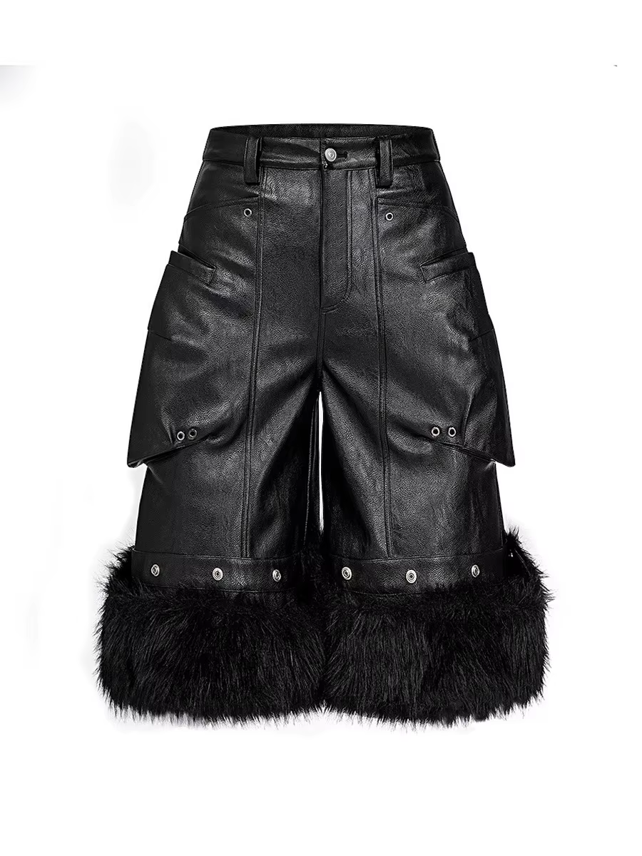 Mauroicardi automne noir fausse fourrure Patchwork Pu cuir Shorts pour hommes poches tridimensionnel